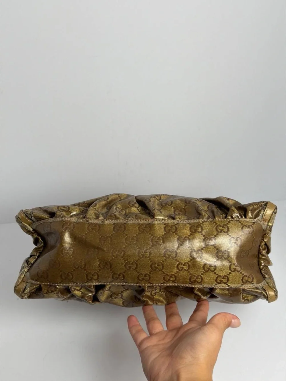 Gucci Abby Gold Leather Coated Monogram Canvas Hobo Shoulder Bag - Picture 11 of 16